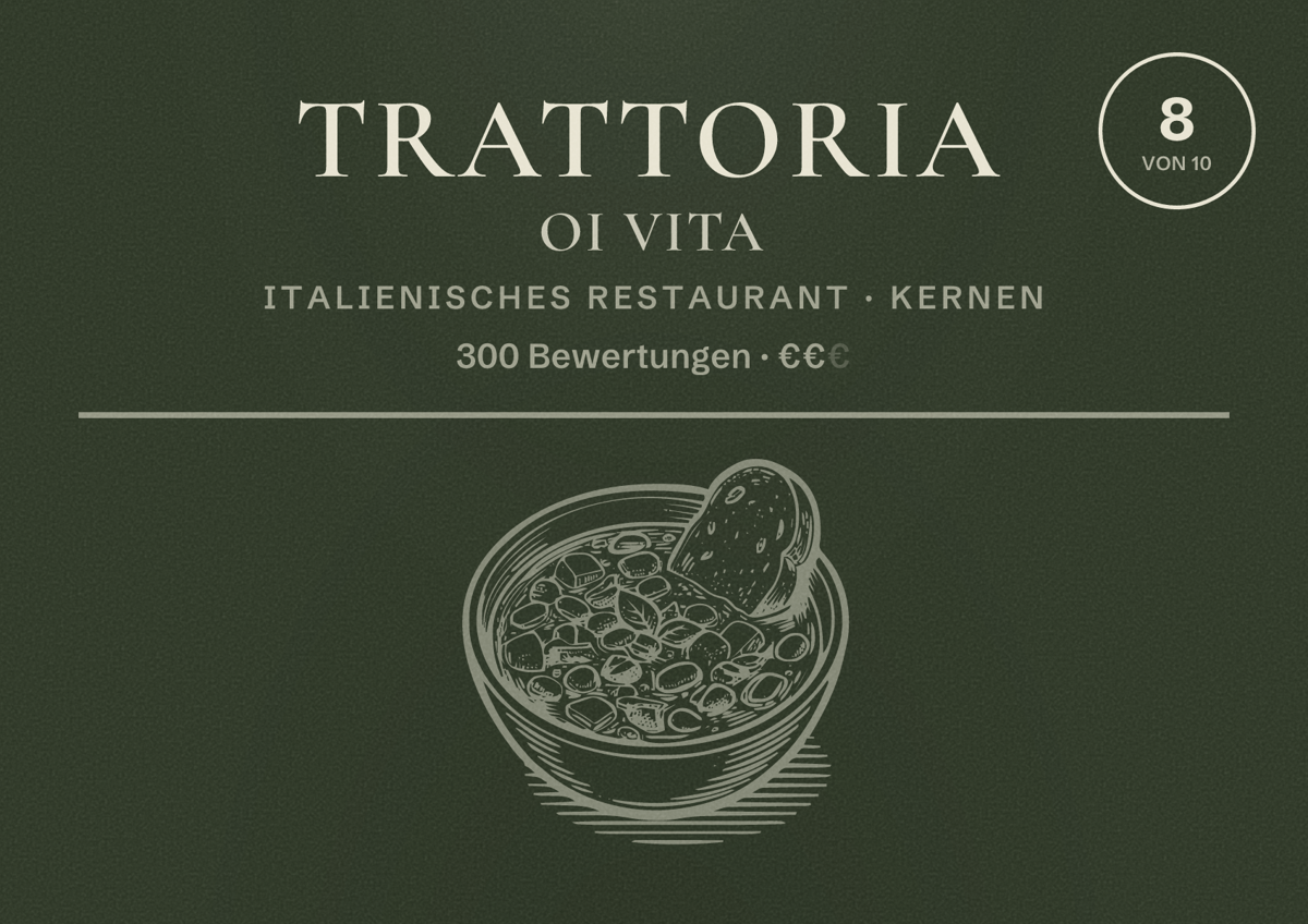 Illustriertes Poster von Trattoria Oi Vita, Italienisches Restaurant in Kernen: Bewertung 8 von 10 aus 300 Bewertungen, Preisniveau €€