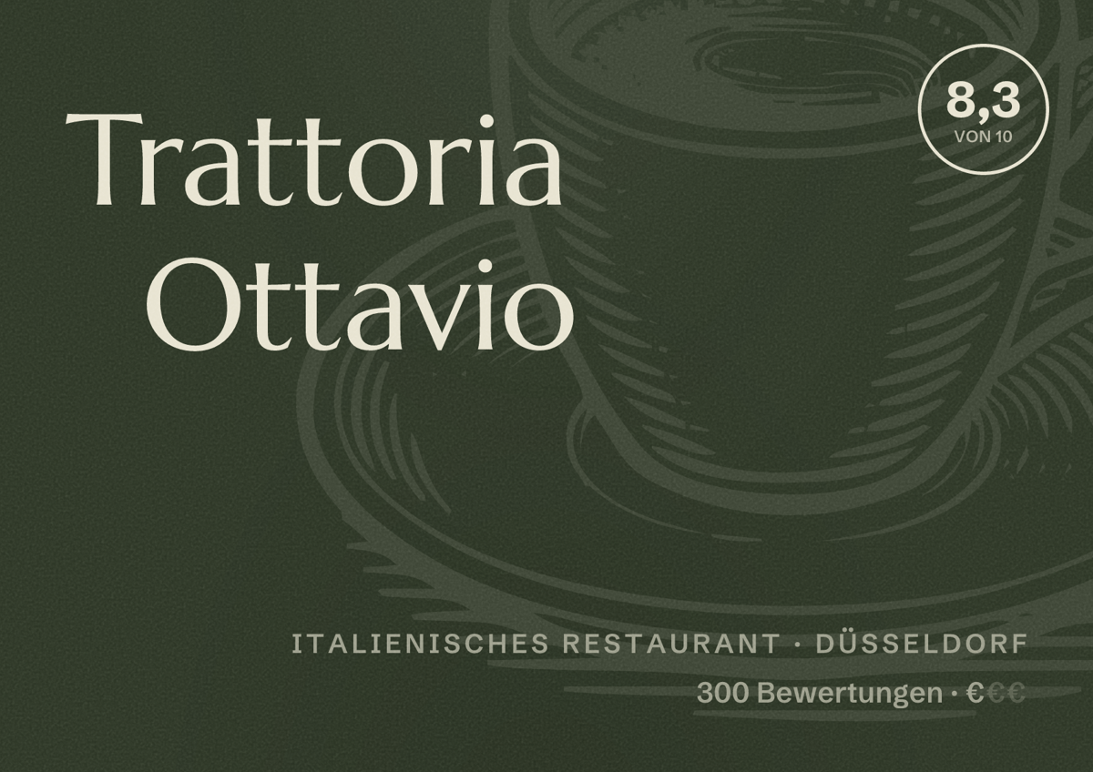 Illustriertes Poster von Trattoria Ottavio, Italienisches Restaurant in Düsseldorf: Bewertung 8,3 von 10 aus 300 Bewertungen, Preisniveau €