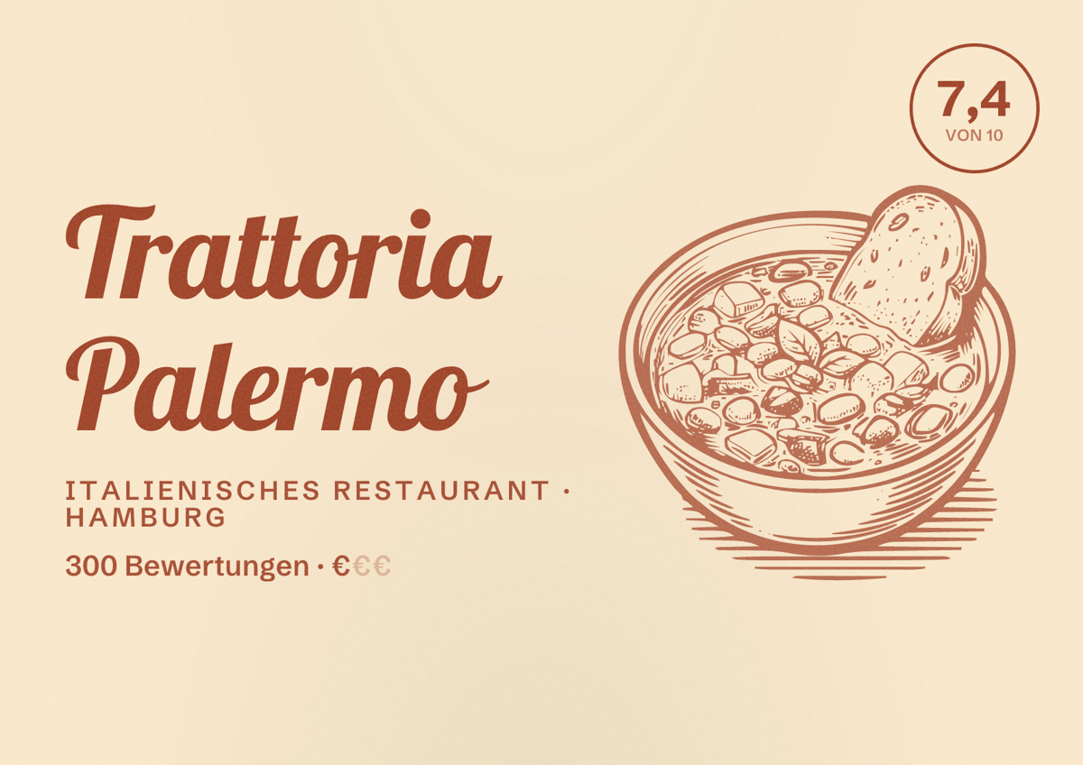 Illustriertes Poster von Trattoria Palermo, Italienisches Restaurant in Hamburg: Bewertung 7,4 von 10 aus 300 Bewertungen, Preisniveau €