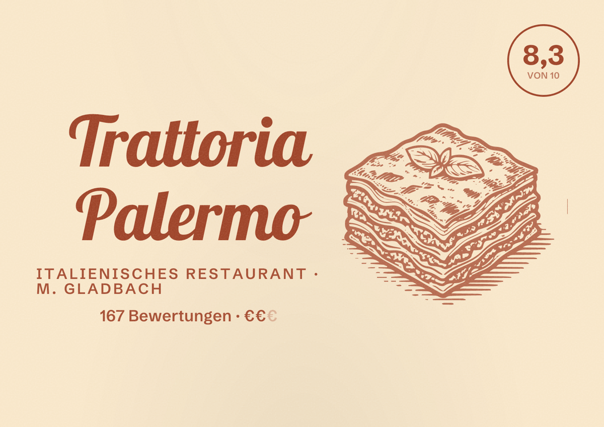 Illustriertes Poster von Trattoria Palermo, Italienisches Restaurant in M. Gladbach: Bewertung 8,3 von 10 aus 167 Bewertungen, Preisniveau €€