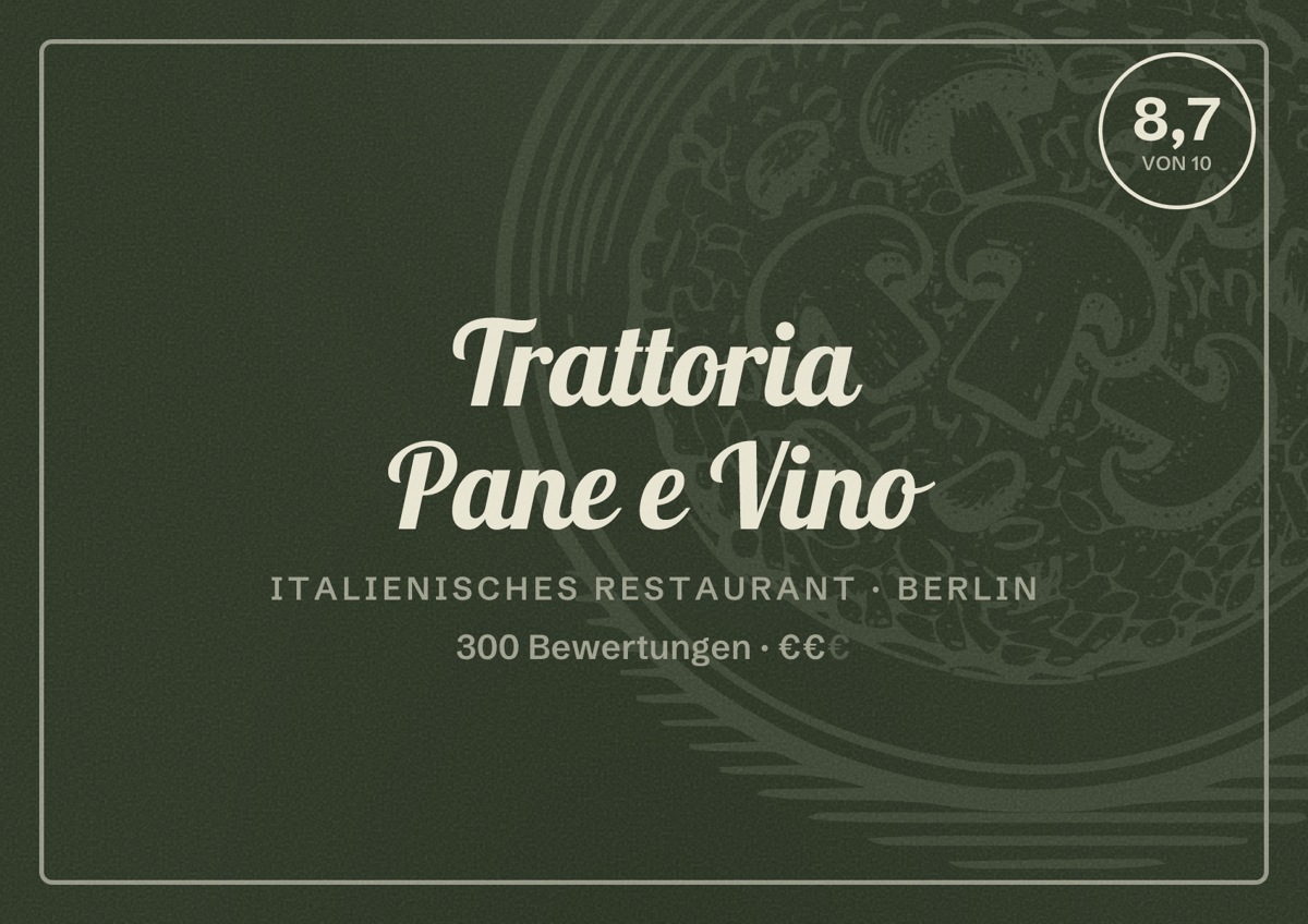 Illustriertes Poster von Trattoria Pane e Vino, Italienisches Restaurant in Berlin: Bewertung 8,7 von 10 aus 300 Bewertungen, Preisniveau €€