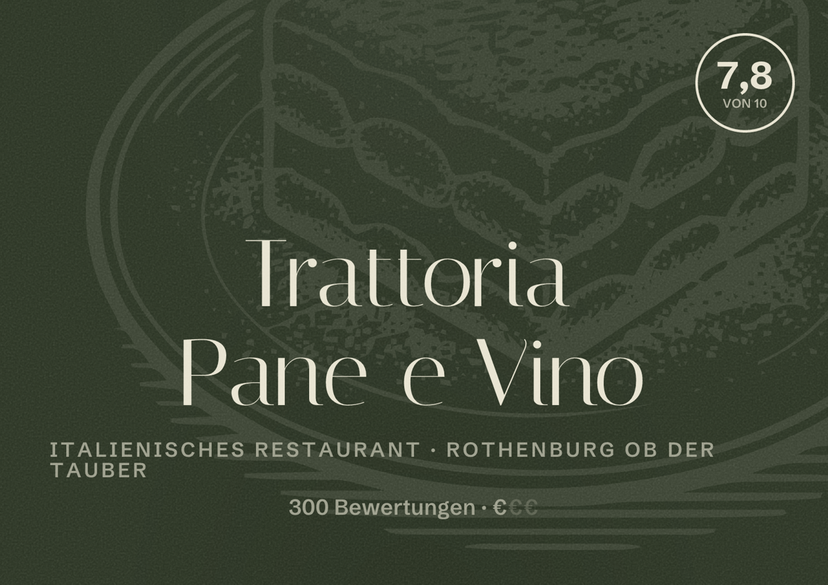 Illustriertes Poster von Trattoria Pane e Vino, Italienisches Restaurant in Rothenburg ob der Tauber: Bewertung 7,8 von 10 aus 300 Bewertungen, Preisniveau €