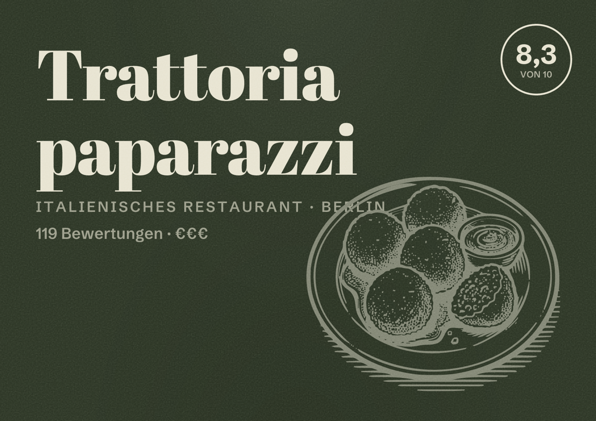 Illustriertes Poster von Trattoria paparazzi, Italienisches Restaurant in Berlin: Bewertung 8,3 von 10 aus 119 Bewertungen, Preisniveau €€€