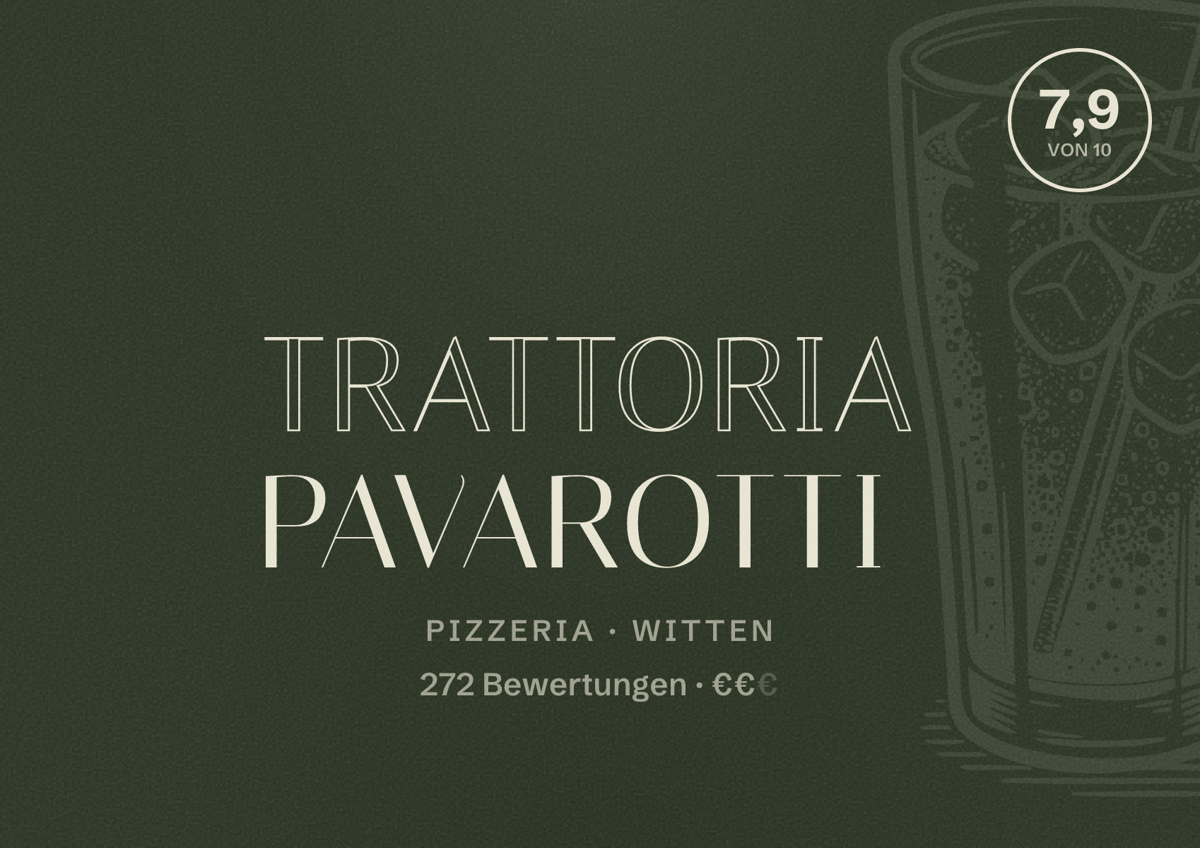 Illustriertes Poster von Trattoria Pavarotti, Pizzeria in Witten: Bewertung 7,9 von 10 aus 272 Bewertungen, Preisniveau €€