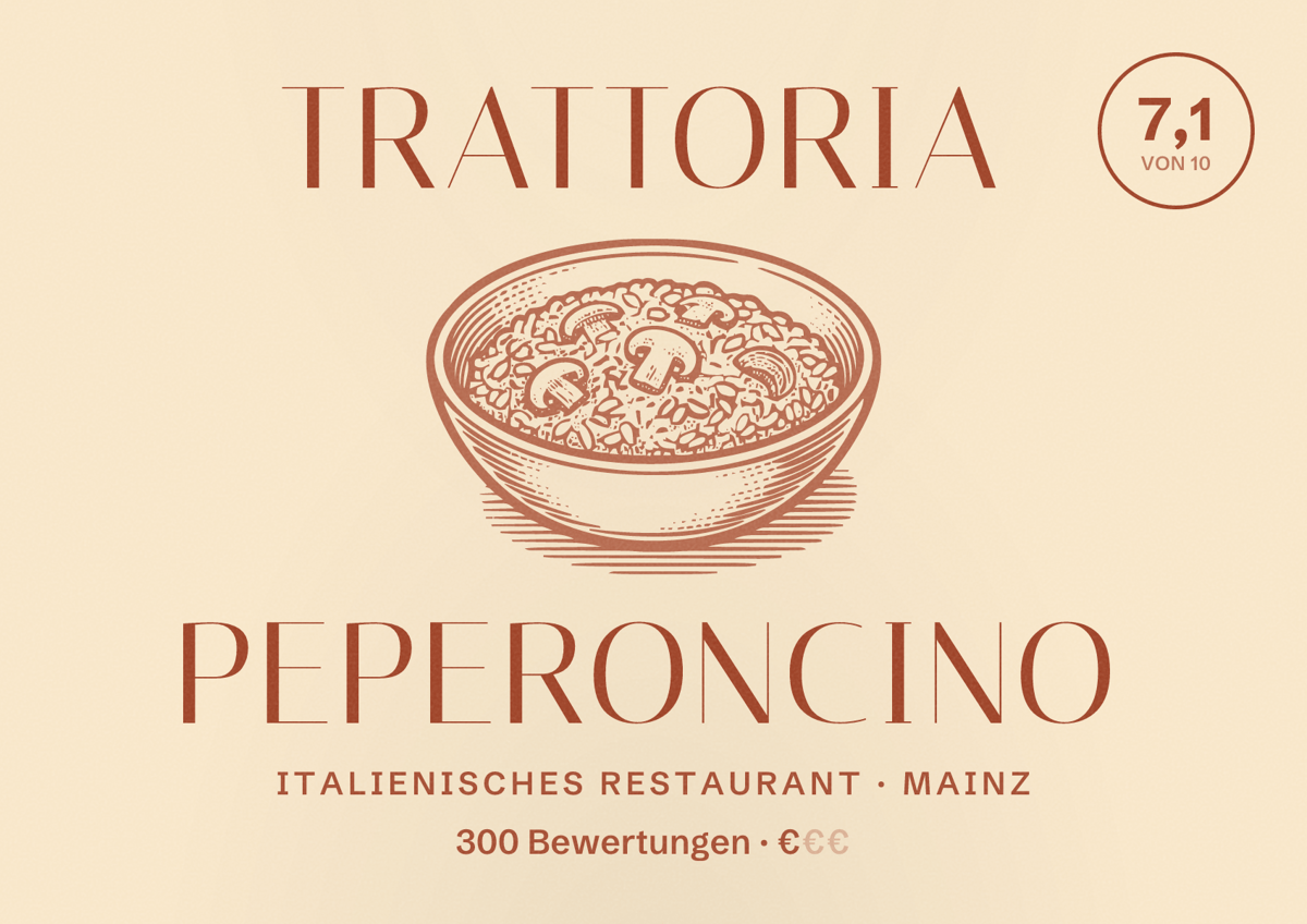Illustriertes Poster von Trattoria Peperoncino, Italienisches Restaurant in Mainz: Bewertung 7,1 von 10 aus 300 Bewertungen, Preisniveau €