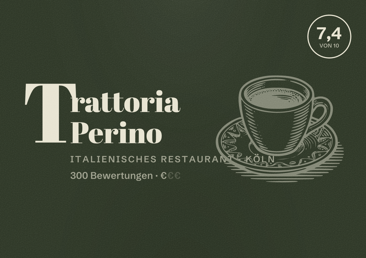 Illustriertes Poster von Trattoria Perino, Italienisches Restaurant in Köln: Bewertung 7,4 von 10 aus 300 Bewertungen, Preisniveau €