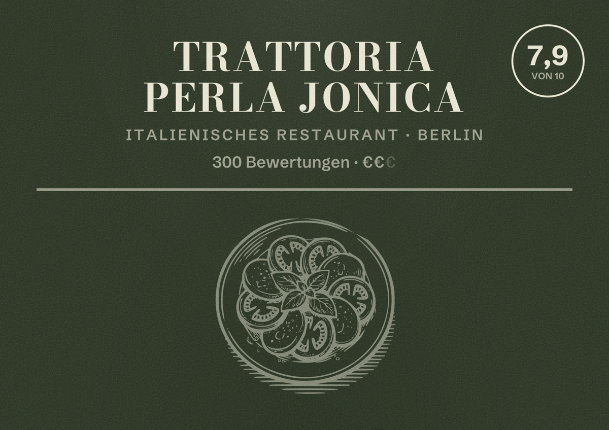 Illustriertes Poster von Trattoria Perla Jonica, Italienisches Restaurant in Berlin: Bewertung 7,9 von 10 aus 300 Bewertungen, Preisniveau €€