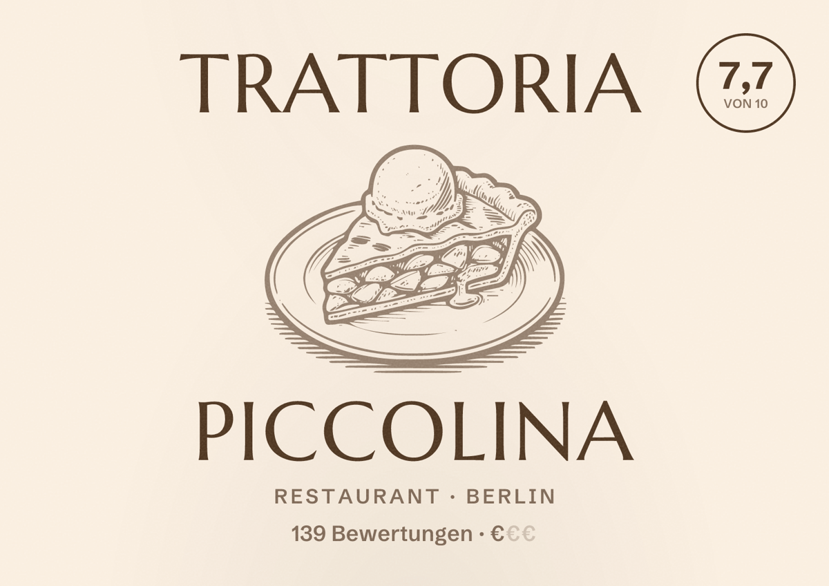 Illustriertes Poster von Trattoria Piccolina, Restaurant in Berlin: Bewertung 7,7 von 10 aus 139 Bewertungen, Preisniveau €