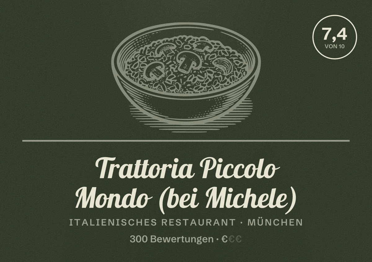 Illustriertes Poster von Trattoria Piccolo Mondo (bei Michele), Italienisches Restaurant in München: Bewertung 7,4 von 10 aus 300 Bewertungen, Preisniveau €