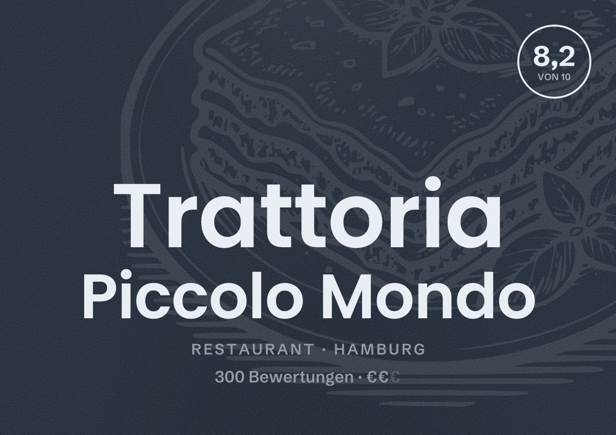 Illustriertes Poster von Trattoria Piccolo Mondo, Restaurant in Hamburg: Bewertung 8,2 von 10 aus 300 Bewertungen, Preisniveau €€