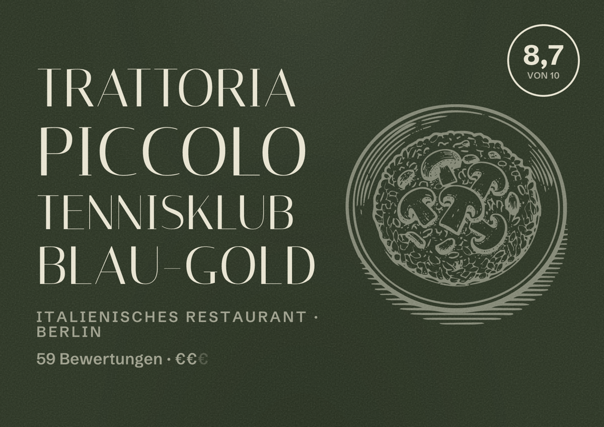 Illustriertes Poster von Trattoria Piccolo Tennisklub Blau-Gold, Italienisches Restaurant in Berlin: Bewertung 8,7 von 10 aus 59 Bewertungen, Preisniveau €€