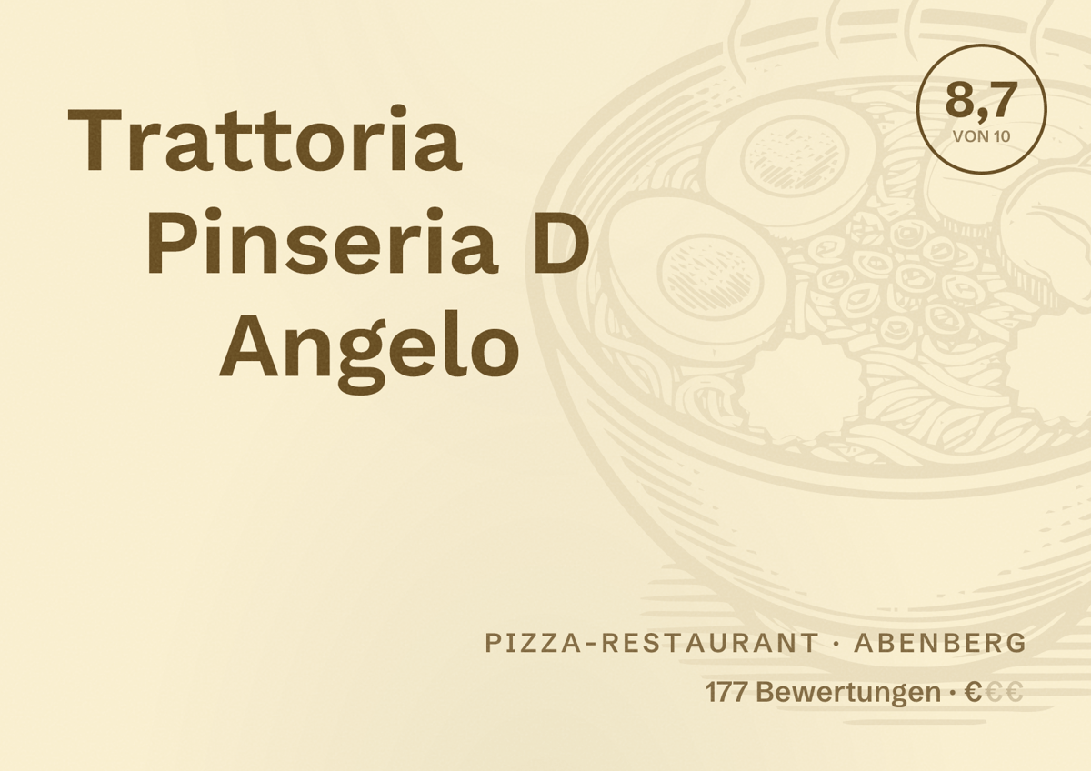 Illustriertes Poster von Trattoria Pinseria D Angelo, Pizza-Restaurant in Abenberg: Bewertung 8,7 von 10 aus 177 Bewertungen, Preisniveau €