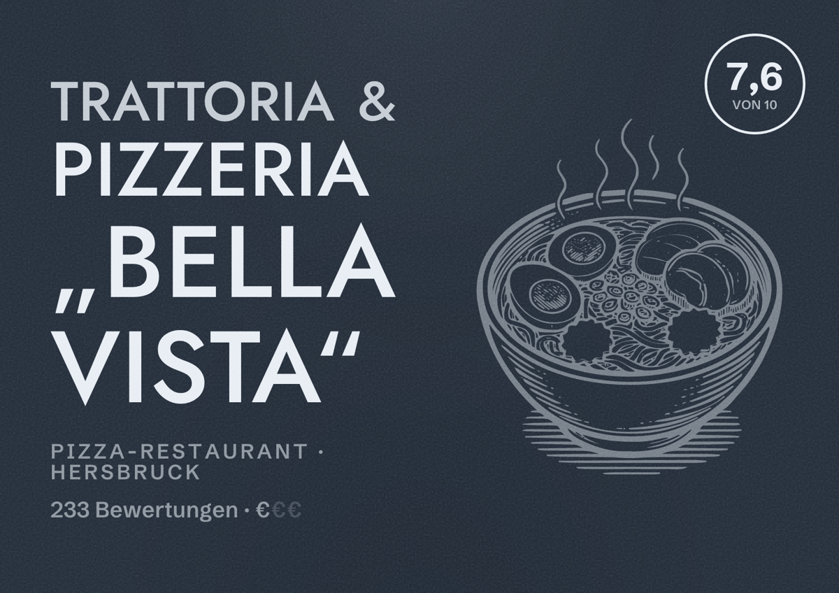 Illustriertes Poster von Trattoria & Pizzeria „BELLA VISTA“, Pizza-Restaurant in Hersbruck: Bewertung 7,6 von 10 aus 233 Bewertungen, Preisniveau €