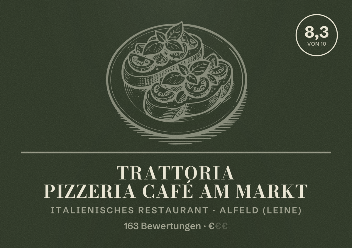 Illustriertes Poster von Trattoria Pizzeria Café am Markt, Italienisches Restaurant in Alfeld (Leine): Bewertung 8,3 von 10 aus 163 Bewertungen, Preisniveau €