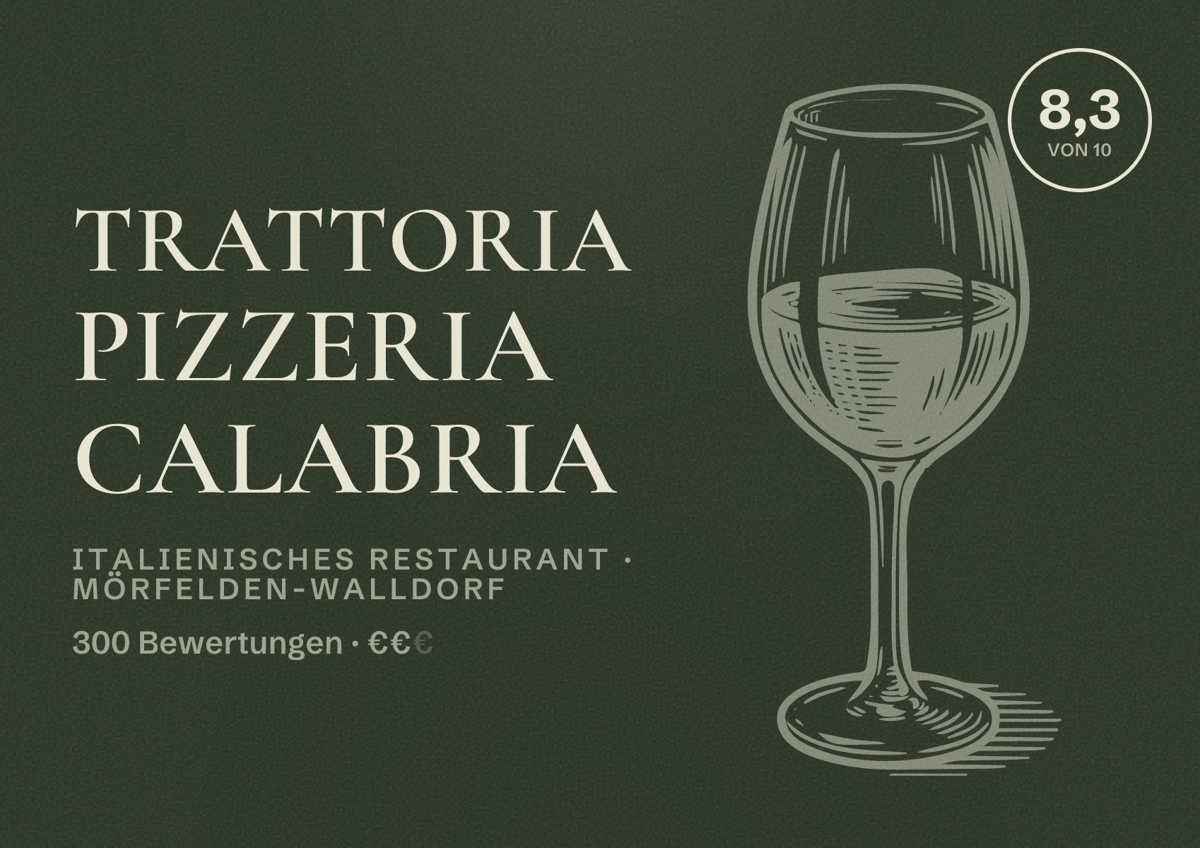 Illustriertes Poster von Trattoria Pizzeria Calabria, Italienisches Restaurant in Mörfelden-Walldorf: Bewertung 8,3 von 10 aus 300 Bewertungen, Preisniveau €€