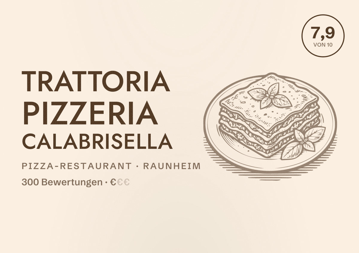 Illustriertes Poster von Trattoria Pizzeria Calabrisella, Pizza-Restaurant in Raunheim: Bewertung 7,9 von 10 aus 300 Bewertungen, Preisniveau €