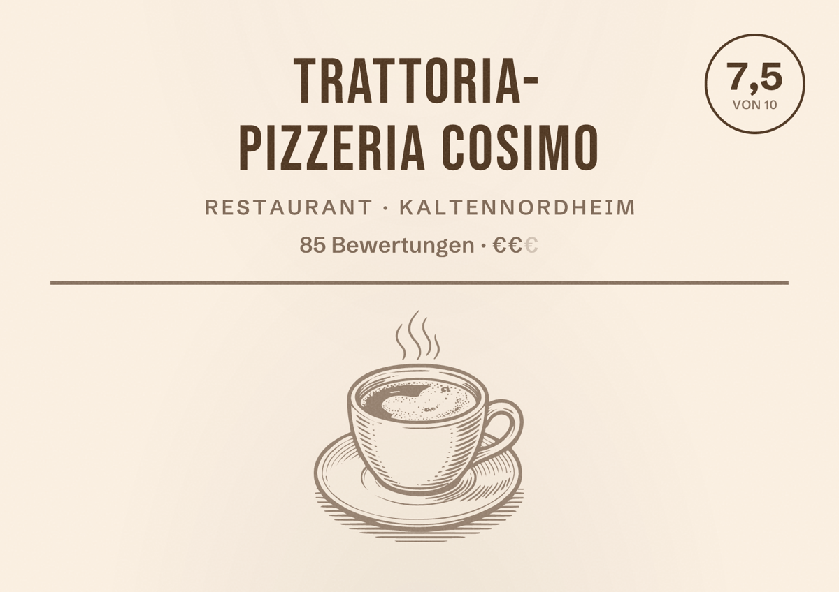 Illustriertes Poster von Trattoria- Pizzeria Cosimo, Restaurant in Kaltennordheim: Bewertung 7,5 von 10 aus 85 Bewertungen, Preisniveau €€