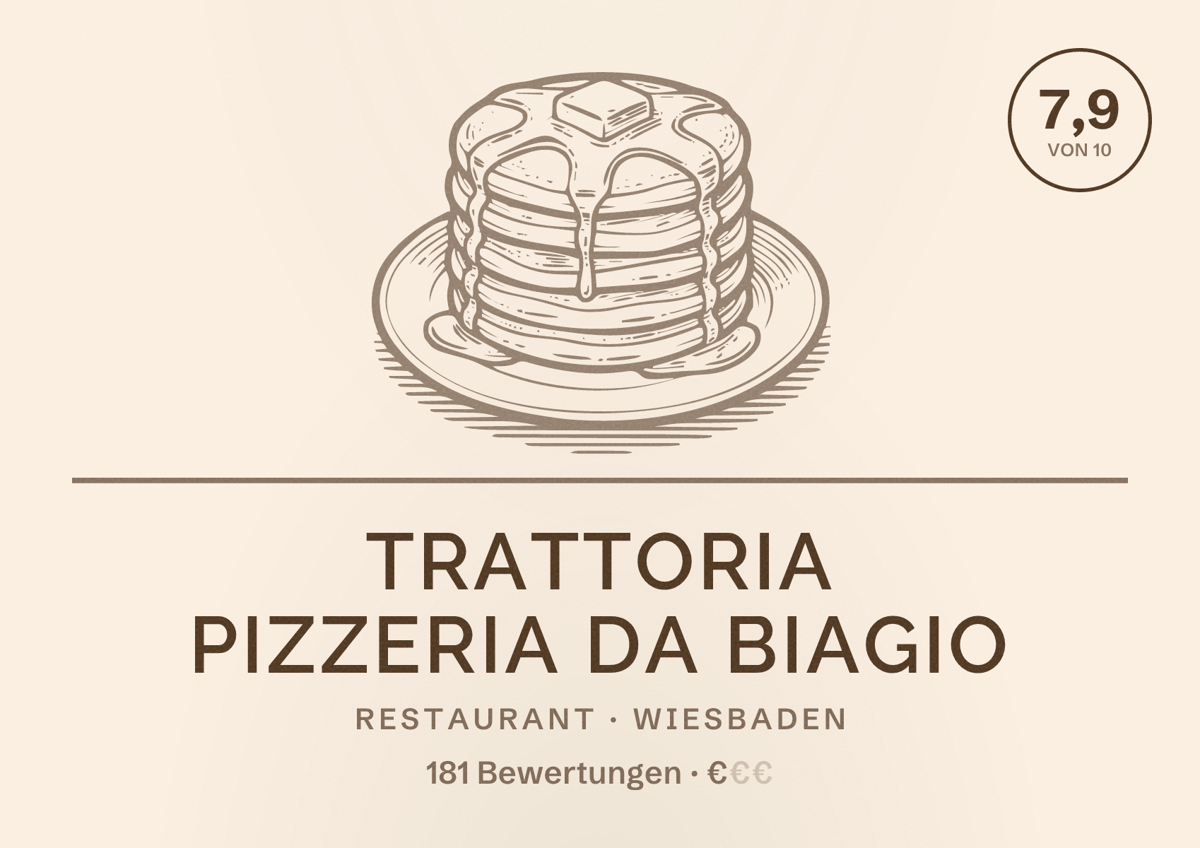 Illustriertes Poster von Trattoria Pizzeria da Biagio, Restaurant in Wiesbaden: Bewertung 7,9 von 10 aus 181 Bewertungen, Preisniveau €