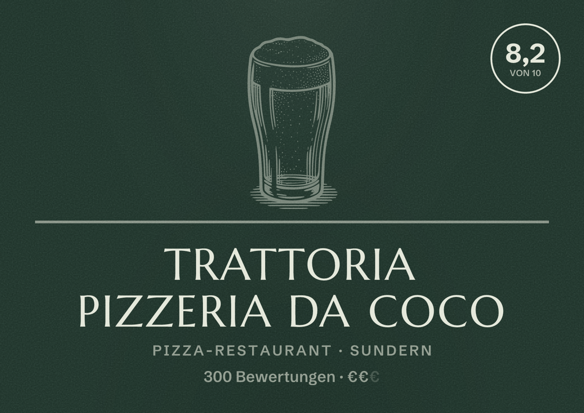 Illustriertes Poster von Trattoria Pizzeria da Coco, Pizza-Restaurant in Sundern: Bewertung 8,2 von 10 aus 300 Bewertungen, Preisniveau €€