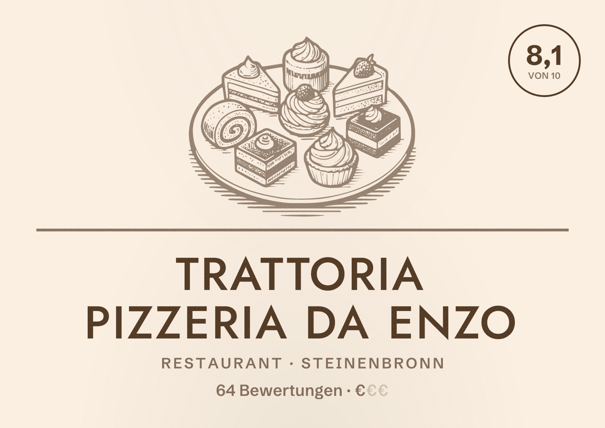 Illustriertes Poster von Trattoria Pizzeria da Enzo, Restaurant in Steinenbronn: Bewertung 8,1 von 10 aus 64 Bewertungen, Preisniveau €