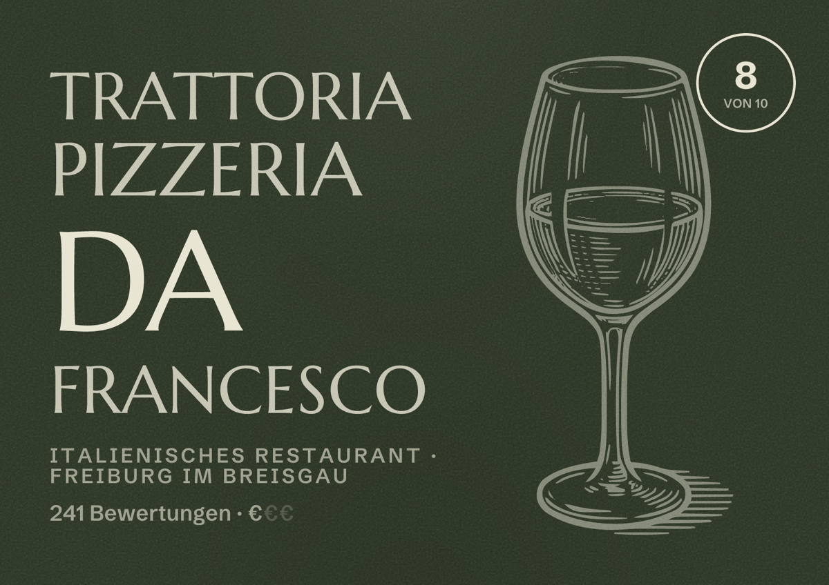 Illustriertes Poster von Trattoria Pizzeria Da Francesco, Italienisches Restaurant in Freiburg im Breisgau: Bewertung 8,0 von 10 aus 241 Bewertungen, Preisniveau €