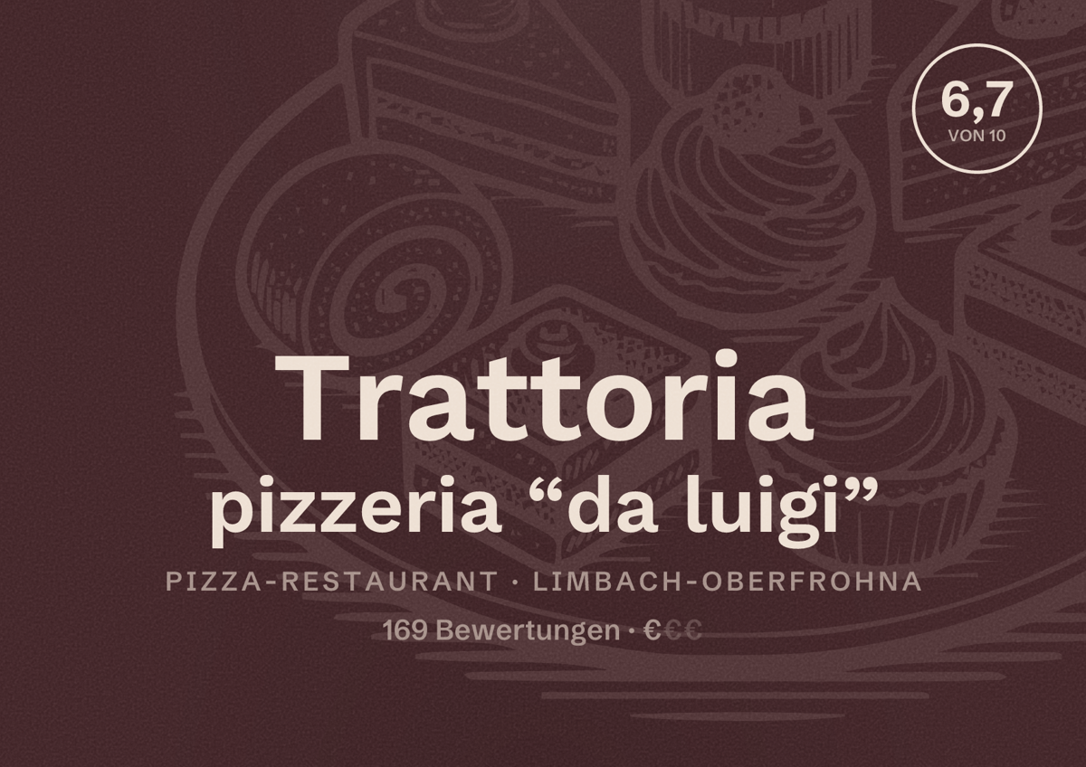 Illustriertes Poster von Trattoria pizzeria “da luigi”, Pizza-Restaurant in Limbach-Oberfrohna: Bewertung 6,7 von 10 aus 169 Bewertungen, Preisniveau €