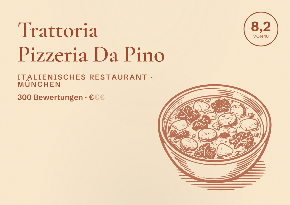 Illustriertes Poster von Trattoria Pizzeria Da Pino, Italienisches Restaurant in München: Bewertung 8,2 von 10 aus 300 Bewertungen, Preisniveau €