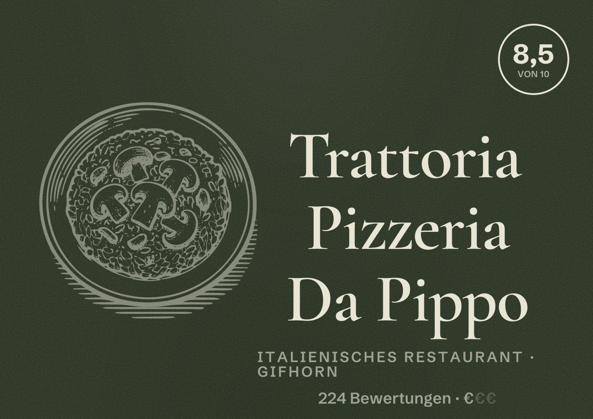 Illustriertes Poster von Trattoria Pizzeria Da Pippo, Italienisches Restaurant in Gifhorn: Bewertung 8,5 von 10 aus 224 Bewertungen, Preisniveau €