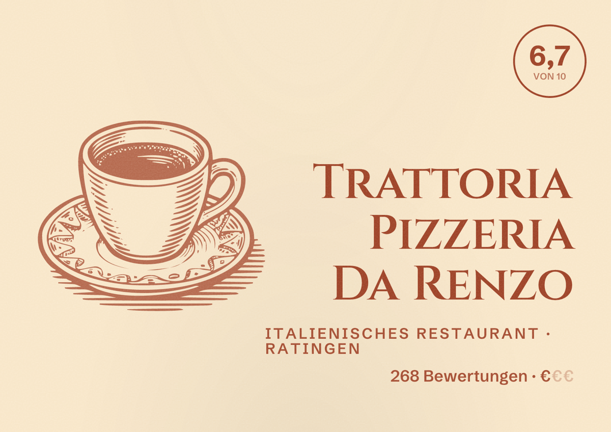Illustriertes Poster von Trattoria Pizzeria Da Renzo, Italienisches Restaurant in Ratingen: Bewertung 6,7 von 10 aus 268 Bewertungen, Preisniveau €