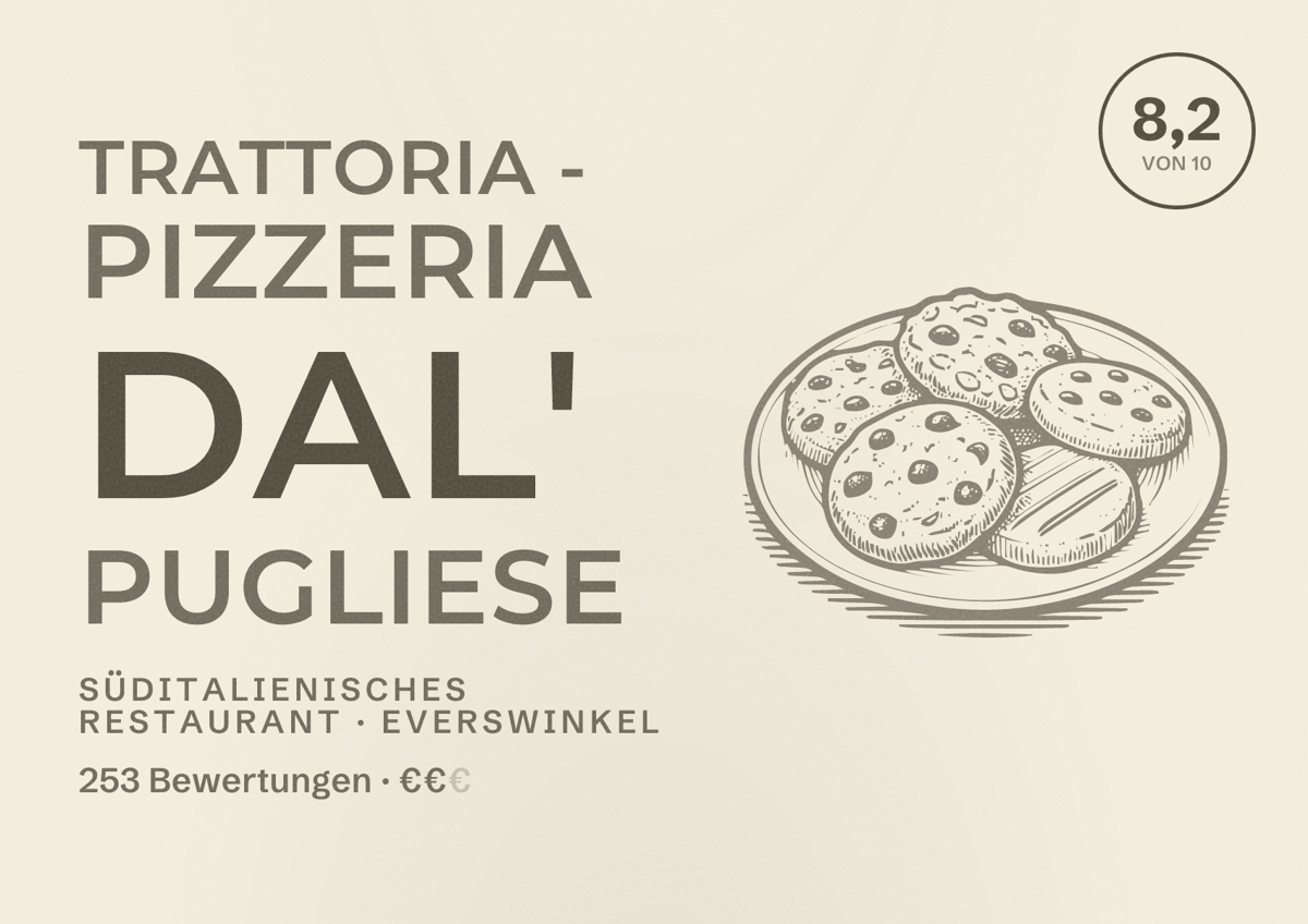 Illustriertes Poster von Trattoria - Pizzeria Dal' Pugliese, Süditalienisches Restaurant in Everswinkel: Bewertung 8,2 von 10 aus 253 Bewertungen, Preisniveau €€