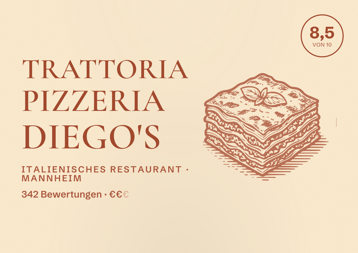 Illustriertes Poster von Trattoria Pizzeria Diego's, Italienisches Restaurant in Mannheim: Bewertung 8,5 von 10 aus 342 Bewertungen, Preisniveau €€