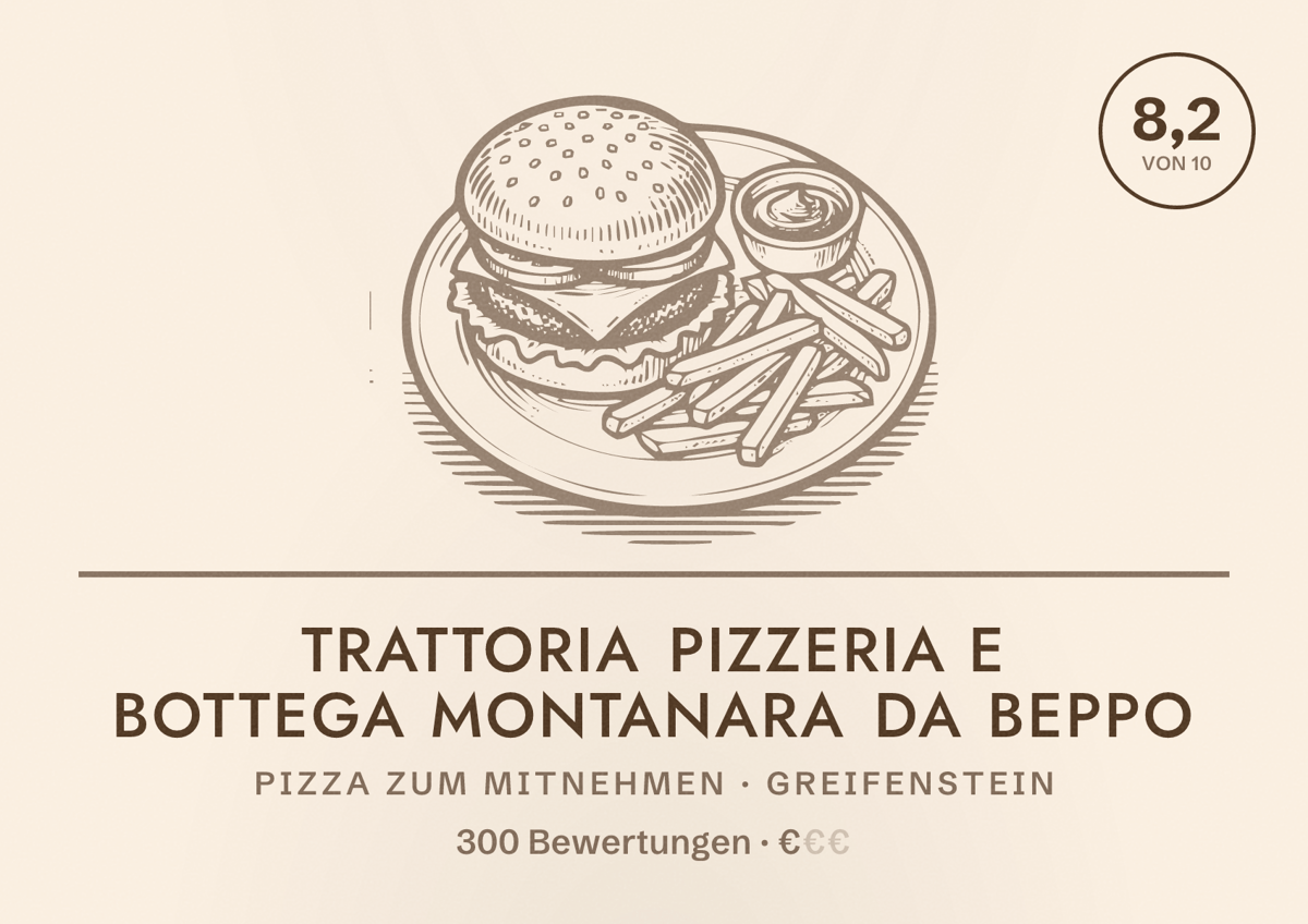 Illustriertes Poster von Trattoria Pizzeria e Bottega Montanara da Beppo, Pizza zum Mitnehmen in Greifenstein: Bewertung 8,2 von 10 aus 300 Bewertungen, Preisniveau €
