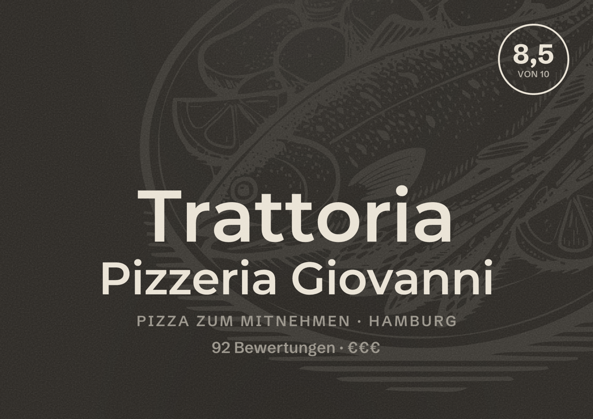 Illustriertes Poster von Trattoria Pizzeria Giovanni, Pizza zum Mitnehmen in Hamburg: Bewertung 8,5 von 10 aus 92 Bewertungen, Preisniveau €€€