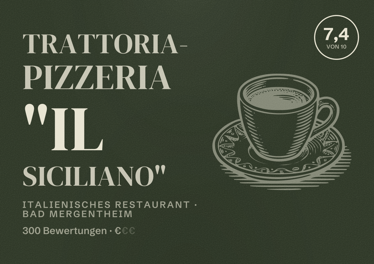 Illustriertes Poster von Trattoria- Pizzeria "Il Siciliano", Italienisches Restaurant in Bad Mergentheim: Bewertung 7,4 von 10 aus 300 Bewertungen, Preisniveau €