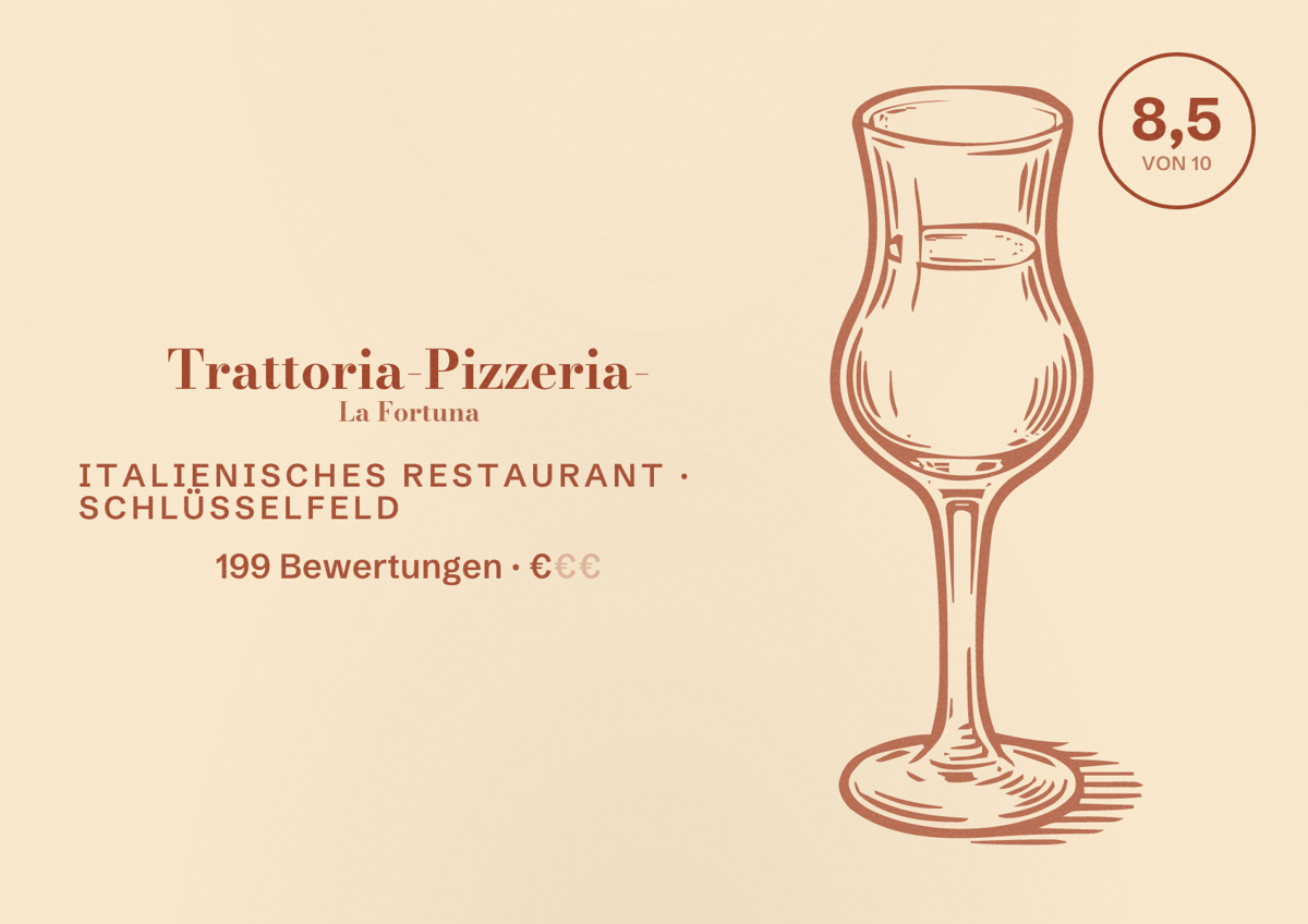 Illustriertes Poster von Trattoria-Pizzeria- La Fortuna, Italienisches Restaurant in Schlüsselfeld: Bewertung 8,5 von 10 aus 199 Bewertungen, Preisniveau €
