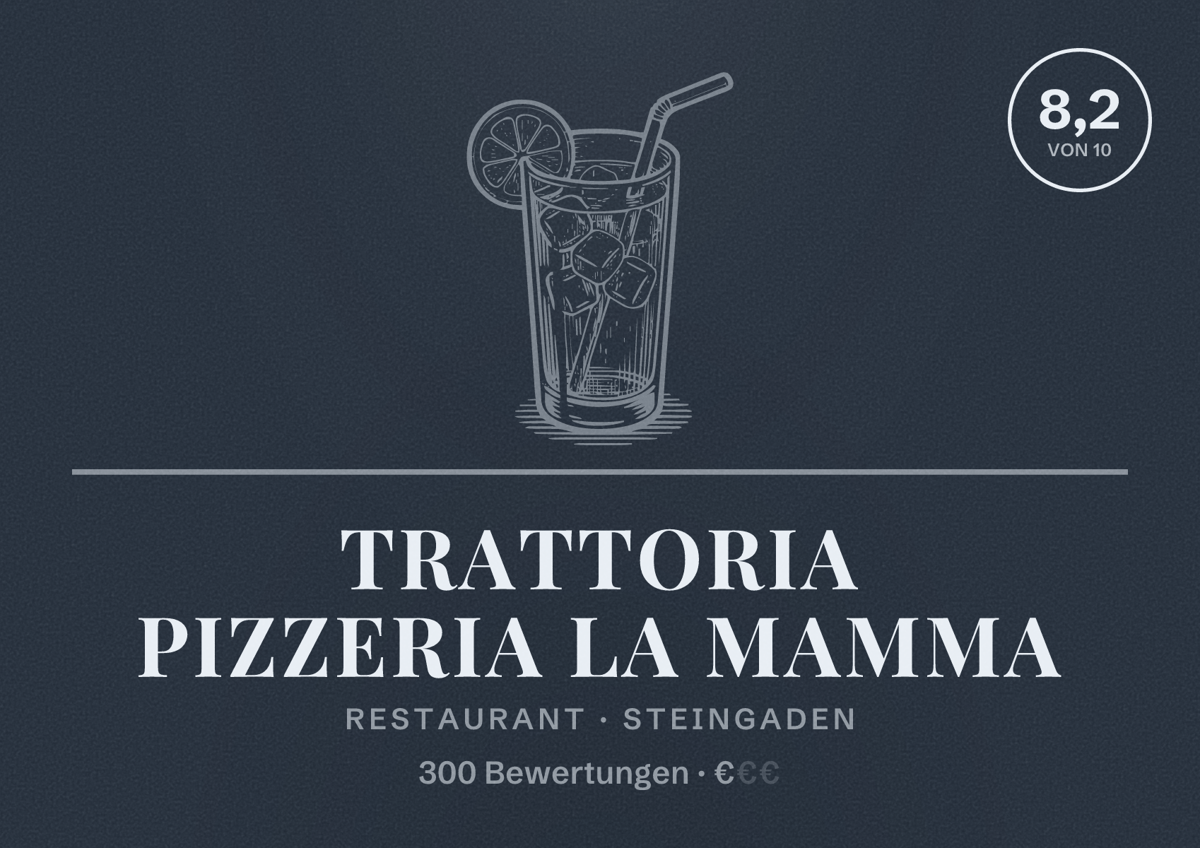 Illustriertes Poster von Trattoria Pizzeria La Mamma, Restaurant in Steingaden: Bewertung 8,2 von 10 aus 300 Bewertungen, Preisniveau €