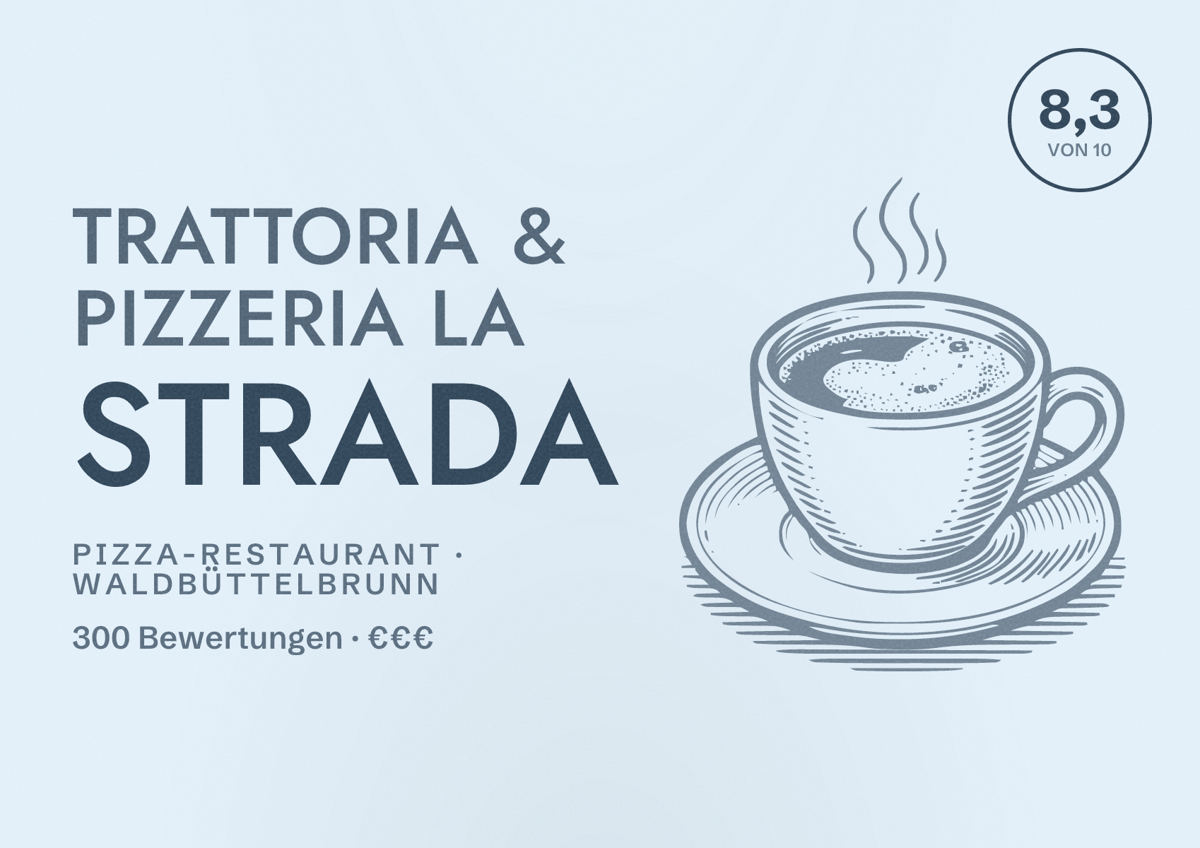 Illustriertes Poster von Trattoria & Pizzeria La Strada, Pizza-Restaurant in Waldbüttelbrunn: Bewertung 8,3 von 10 aus 300 Bewertungen, Preisniveau €€€
