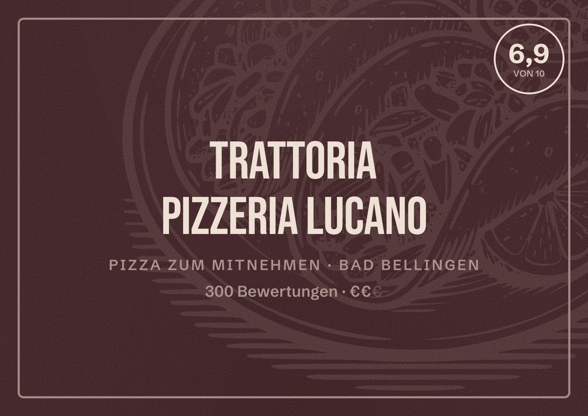Illustriertes Poster von Trattoria Pizzeria Lucano, Pizza zum Mitnehmen in Bad Bellingen: Bewertung 6,9 von 10 aus 300 Bewertungen, Preisniveau €€