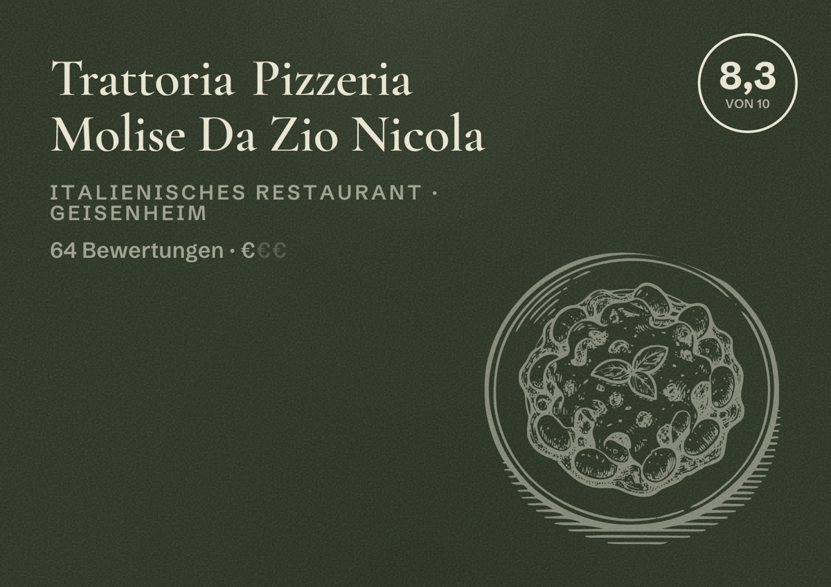 Illustriertes Poster von Trattoria Pizzeria Molise Da Zio Nicola, Italienisches Restaurant in Geisenheim: Bewertung 8,3 von 10 aus 64 Bewertungen, Preisniveau €