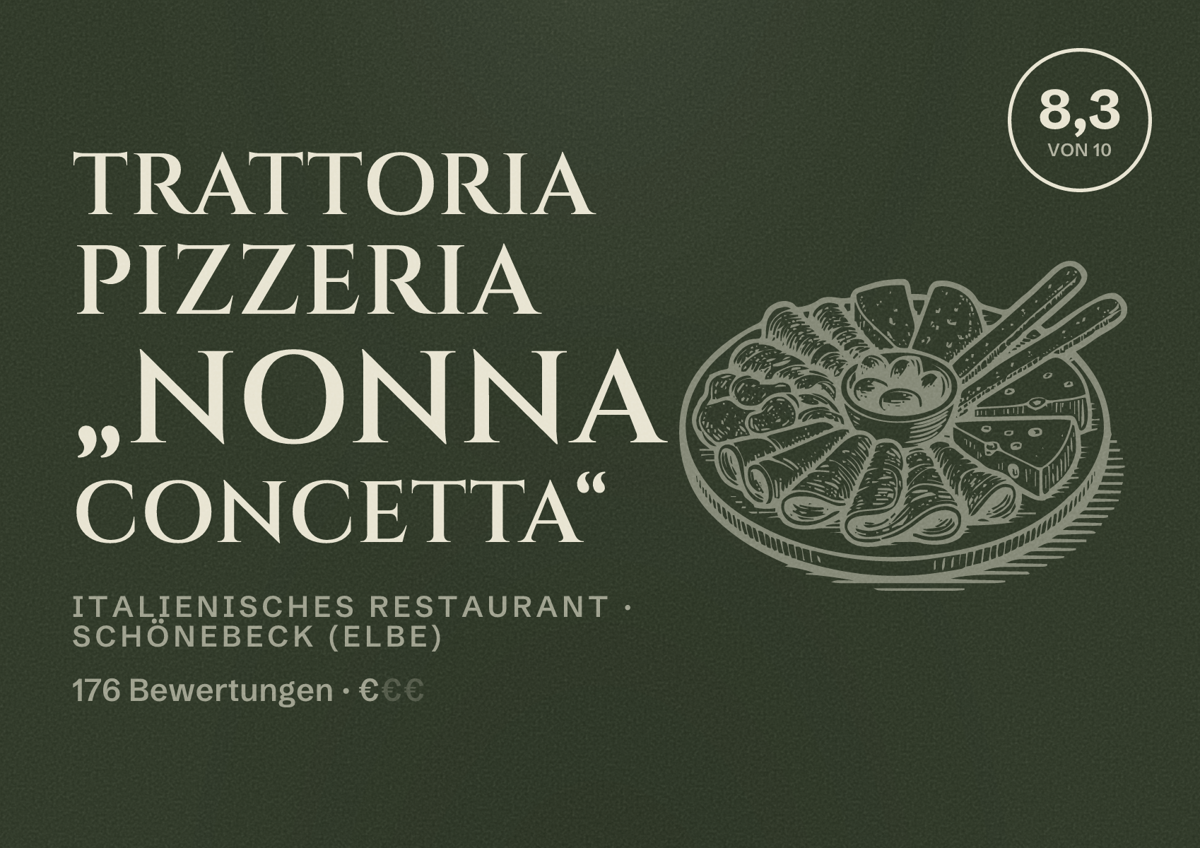 Illustriertes Poster von Trattoria Pizzeria „Nonna Concetta“, Italienisches Restaurant in Schönebeck (Elbe): Bewertung 8,3 von 10 aus 176 Bewertungen, Preisniveau €