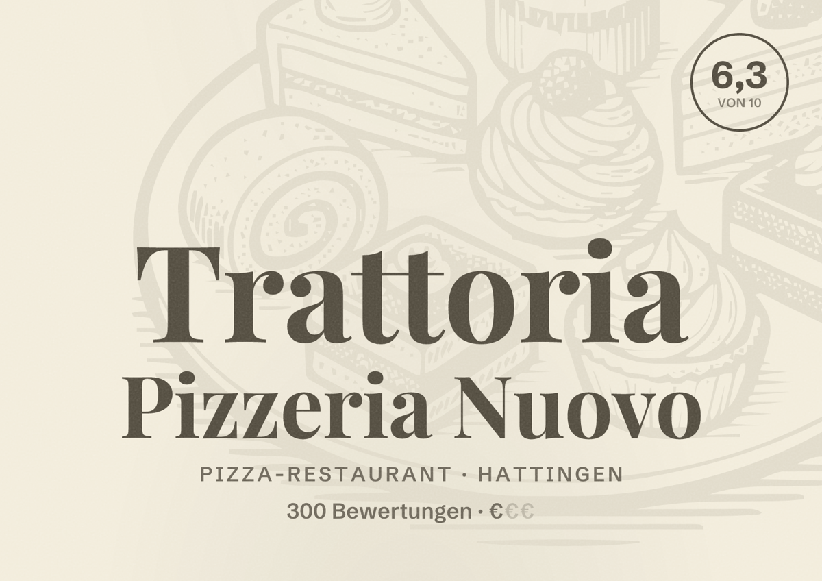 Illustriertes Poster von Trattoria Pizzeria Nuovo, Pizza-Restaurant in Hattingen: Bewertung 6,3 von 10 aus 300 Bewertungen, Preisniveau €