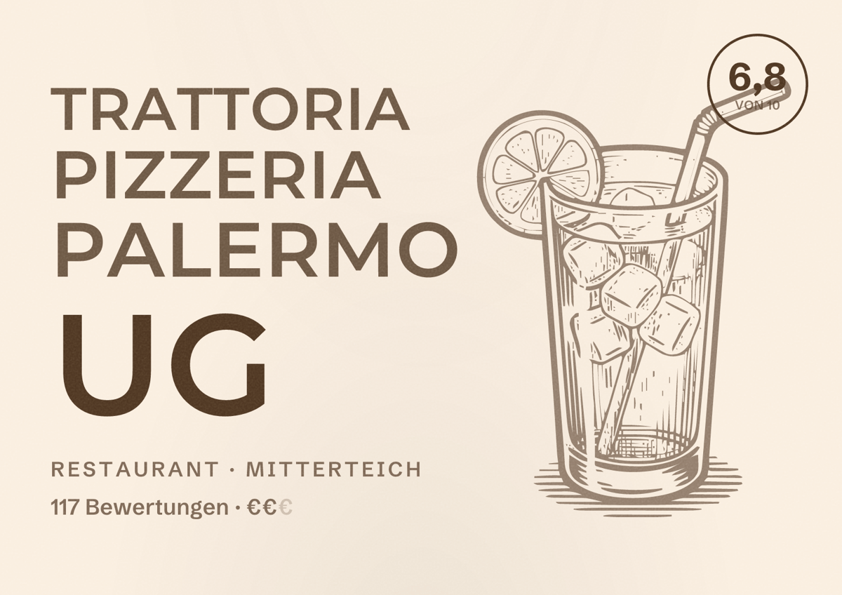 Illustriertes Poster von Trattoria Pizzeria Palermo ug, Restaurant in Mitterteich: Bewertung 6,8 von 10 aus 117 Bewertungen, Preisniveau €€