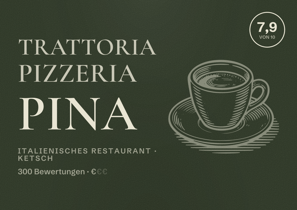 Illustriertes Poster von Trattoria Pizzeria Pina, Italienisches Restaurant in Ketsch: Bewertung 7,9 von 10 aus 300 Bewertungen, Preisniveau €