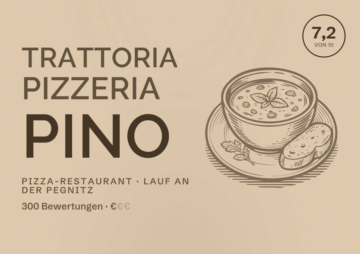 Illustriertes Poster von Trattoria Pizzeria Pino, Pizza-Restaurant in Lauf an der Pegnitz: Bewertung 7,2 von 10 aus 300 Bewertungen, Preisniveau €