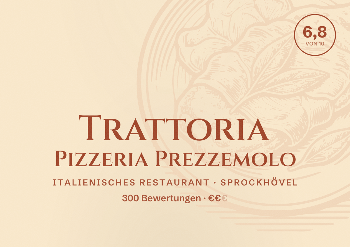 Illustriertes Poster von Trattoria Pizzeria Prezzemolo, Italienisches Restaurant in Sprockhövel: Bewertung 6,8 von 10 aus 300 Bewertungen, Preisniveau €€