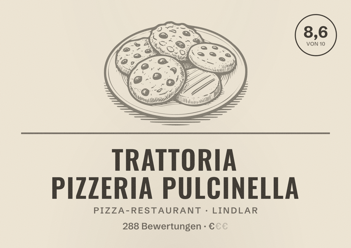 Illustriertes Poster von Trattoria Pizzeria Pulcinella, Pizza-Restaurant in Lindlar: Bewertung 8,6 von 10 aus 288 Bewertungen, Preisniveau €