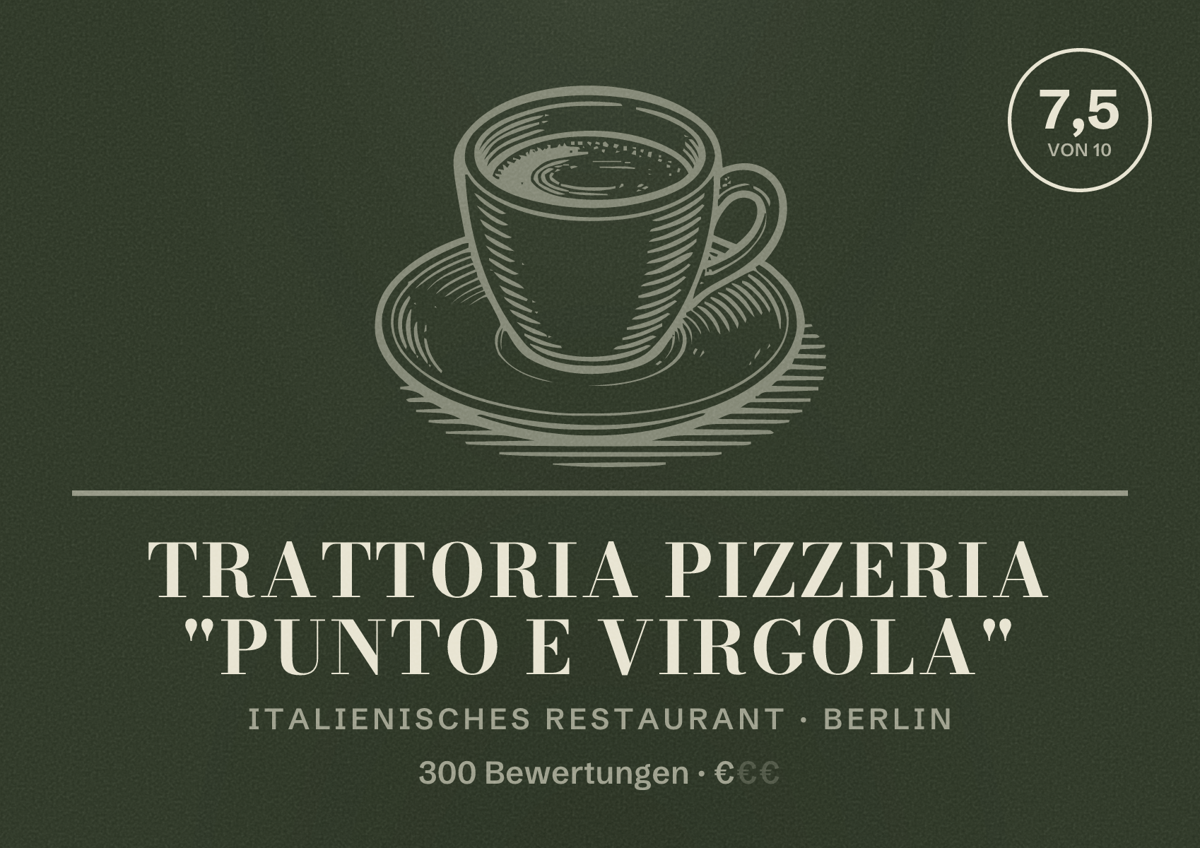 Illustriertes Poster von Trattoria Pizzeria "Punto e Virgola", Italienisches Restaurant in Berlin: Bewertung 7,5 von 10 aus 300 Bewertungen, Preisniveau €