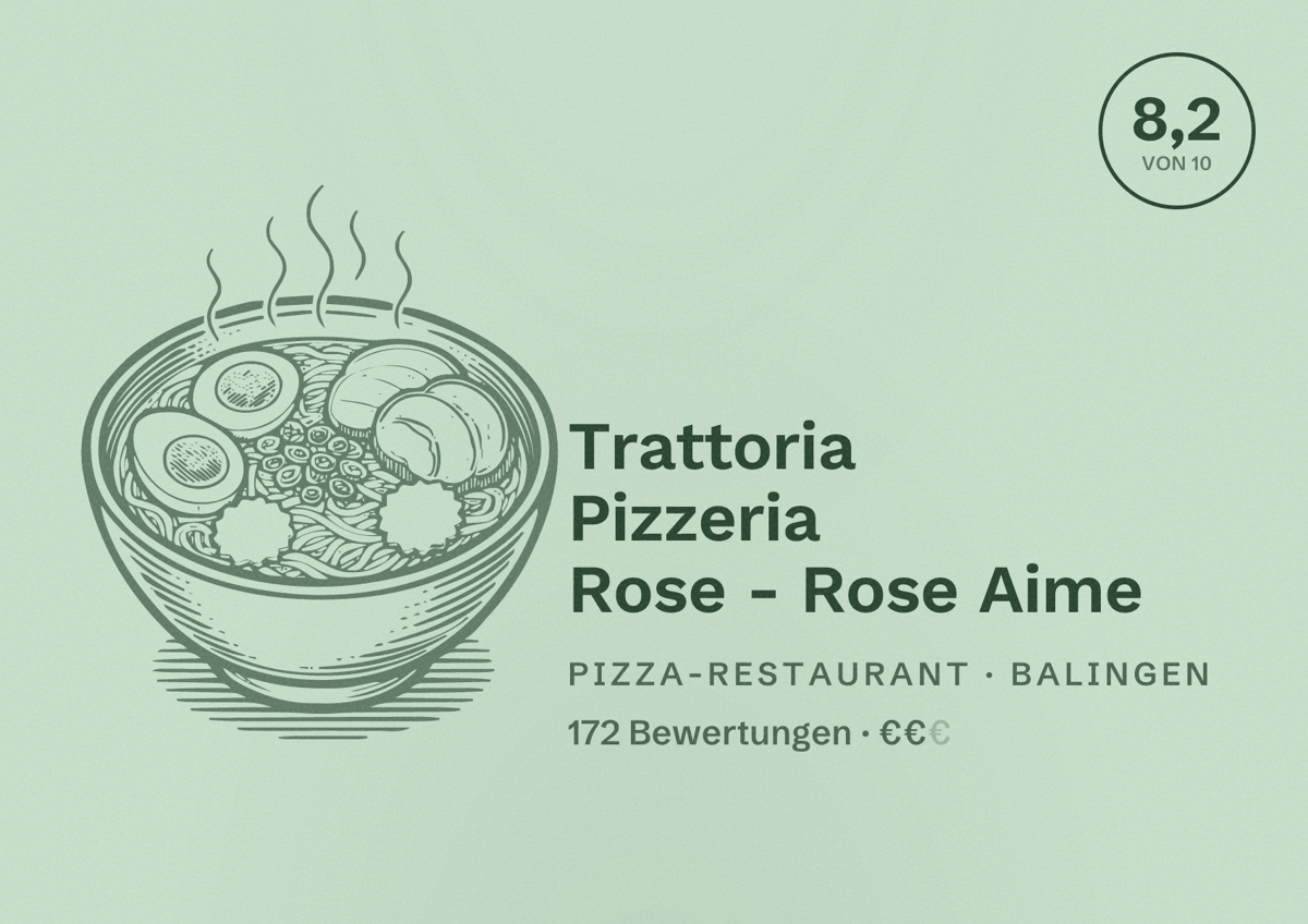 Illustriertes Poster von Trattoria Pizzeria Rose - Rose Aime, Pizza-Restaurant in Balingen: Bewertung 8,2 von 10 aus 172 Bewertungen, Preisniveau €€