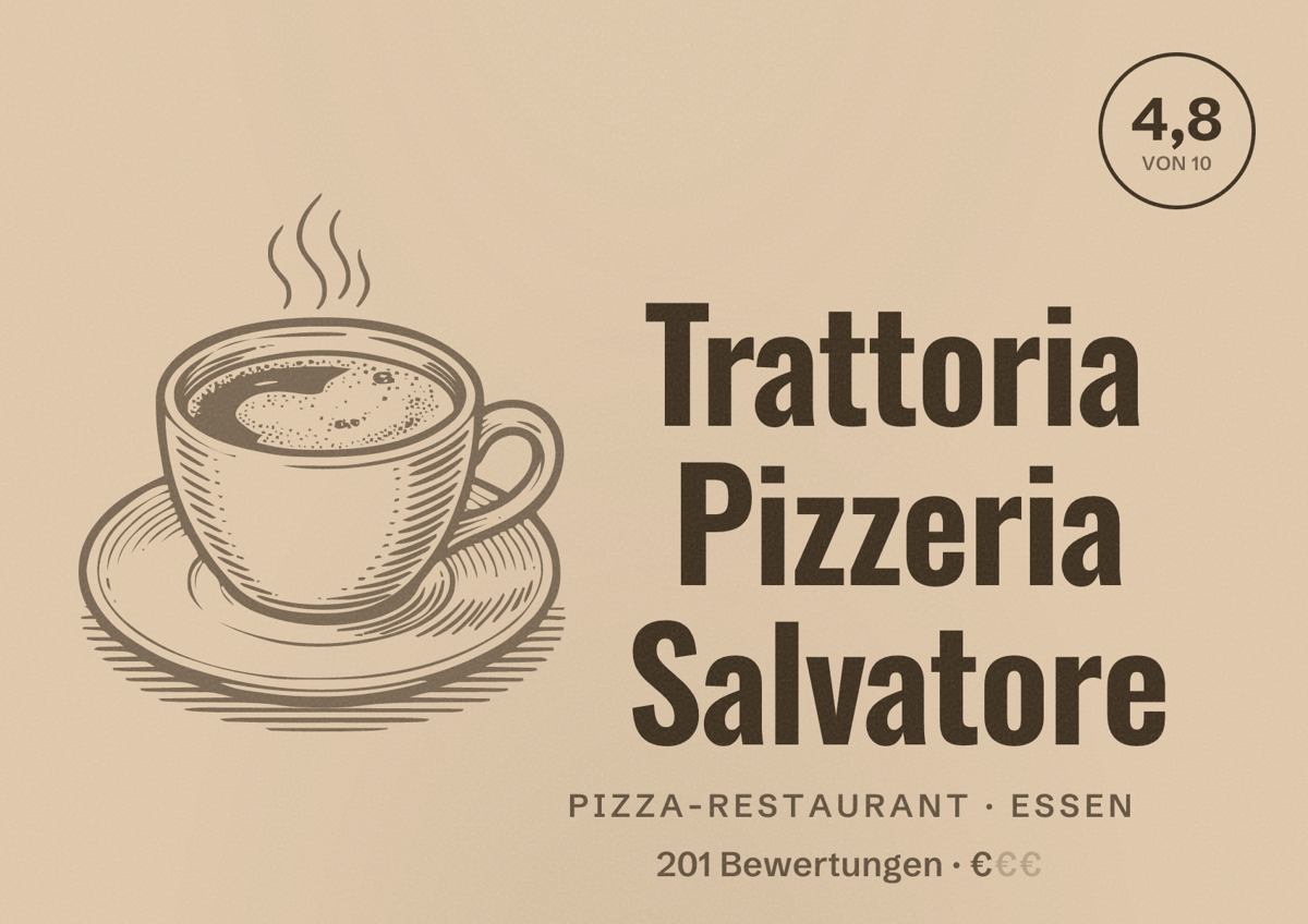 Illustriertes Poster von Trattoria Pizzeria Salvatore, Pizza-Restaurant in Essen: Bewertung 4,8 von 10 aus 201 Bewertungen, Preisniveau €