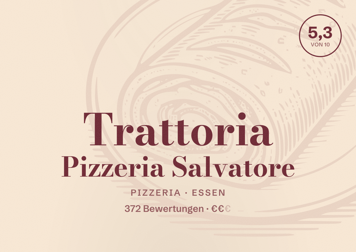 Illustriertes Poster von Trattoria Pizzeria Salvatore, Pizzeria in Essen: Bewertung 5,3 von 10 aus 372 Bewertungen, Preisniveau €€